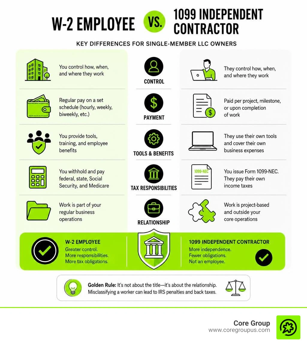 W2 employee vs 1099 independent contractor differences for single-member LLC owners infographic W2 employee vs 1099 independent contractor differences for single-member LLC owners infographic