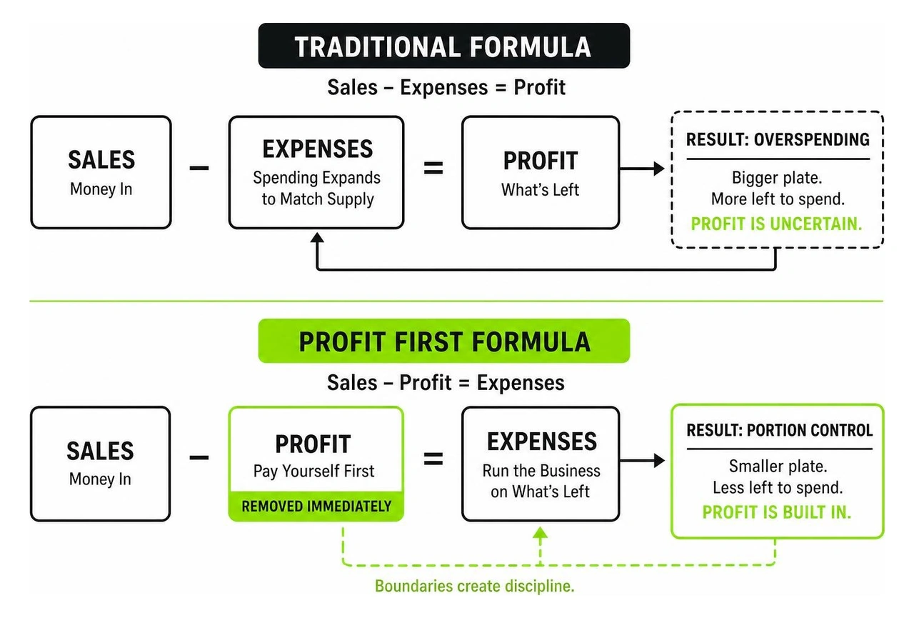 Diagram showing how the traditional formula leads to overspending while the Profit First formula enforces portion control Diagram showing how the traditional formula leads to overspending while the Profit First formula enforces portion control