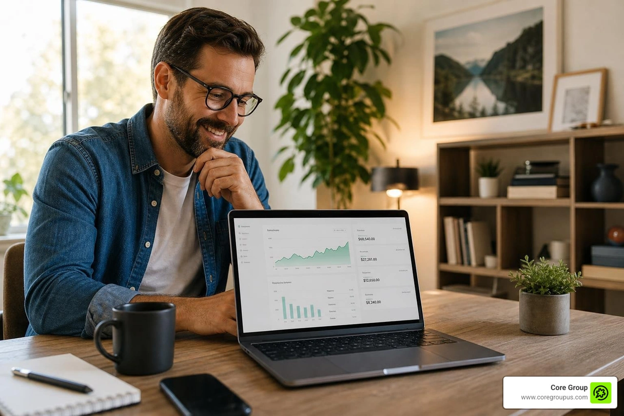 A relaxed and happy creative business owner reviewing their healthy bank accounts A relaxed and happy creative business owner reviewing their healthy bank accounts