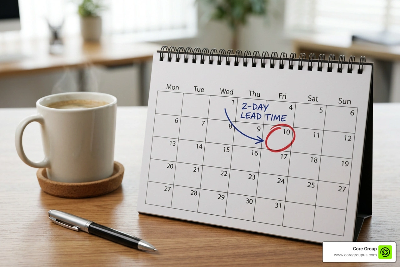 Calendar highlighting the standard two-day lead time required to submit payroll direct deposit files before payday Calendar highlighting the standard two-day lead time required to submit payroll direct deposit files before payday