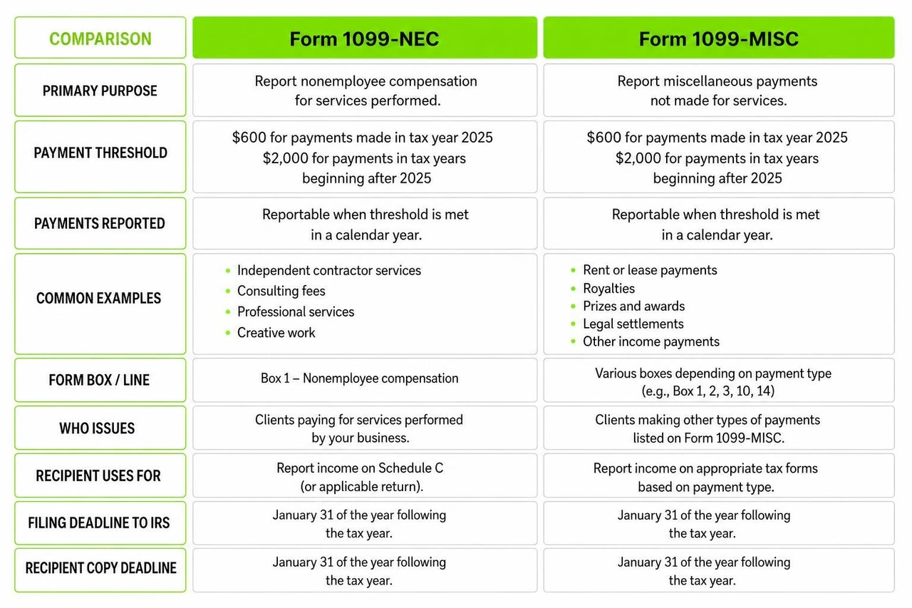 comparison diagram of Form 1099-NEC and Form 1099-MISC rules