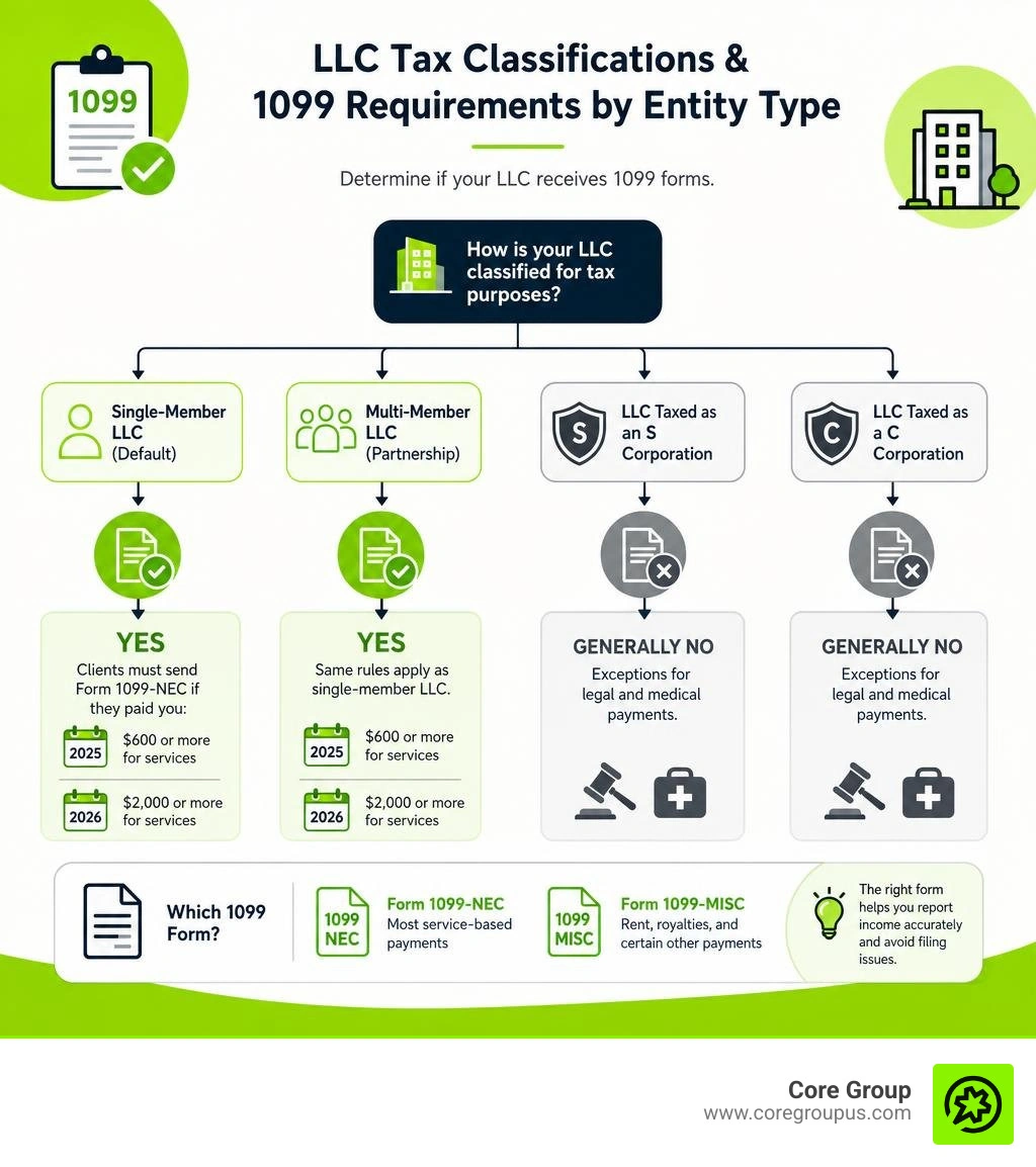 Flowchart of LLC tax classifications and 1099 requirements by entity type infographic