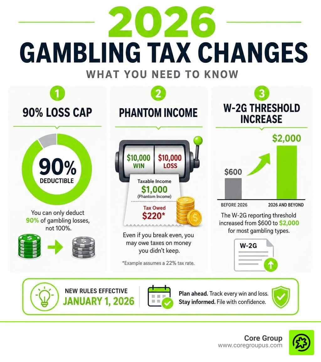 2026 gambling tax changes infographic showing 90% loss cap, phantom income, and W-2G threshold increase infographic 2026 gambling tax changes infographic showing 90% loss cap, phantom income, and W-2G threshold increase infographic