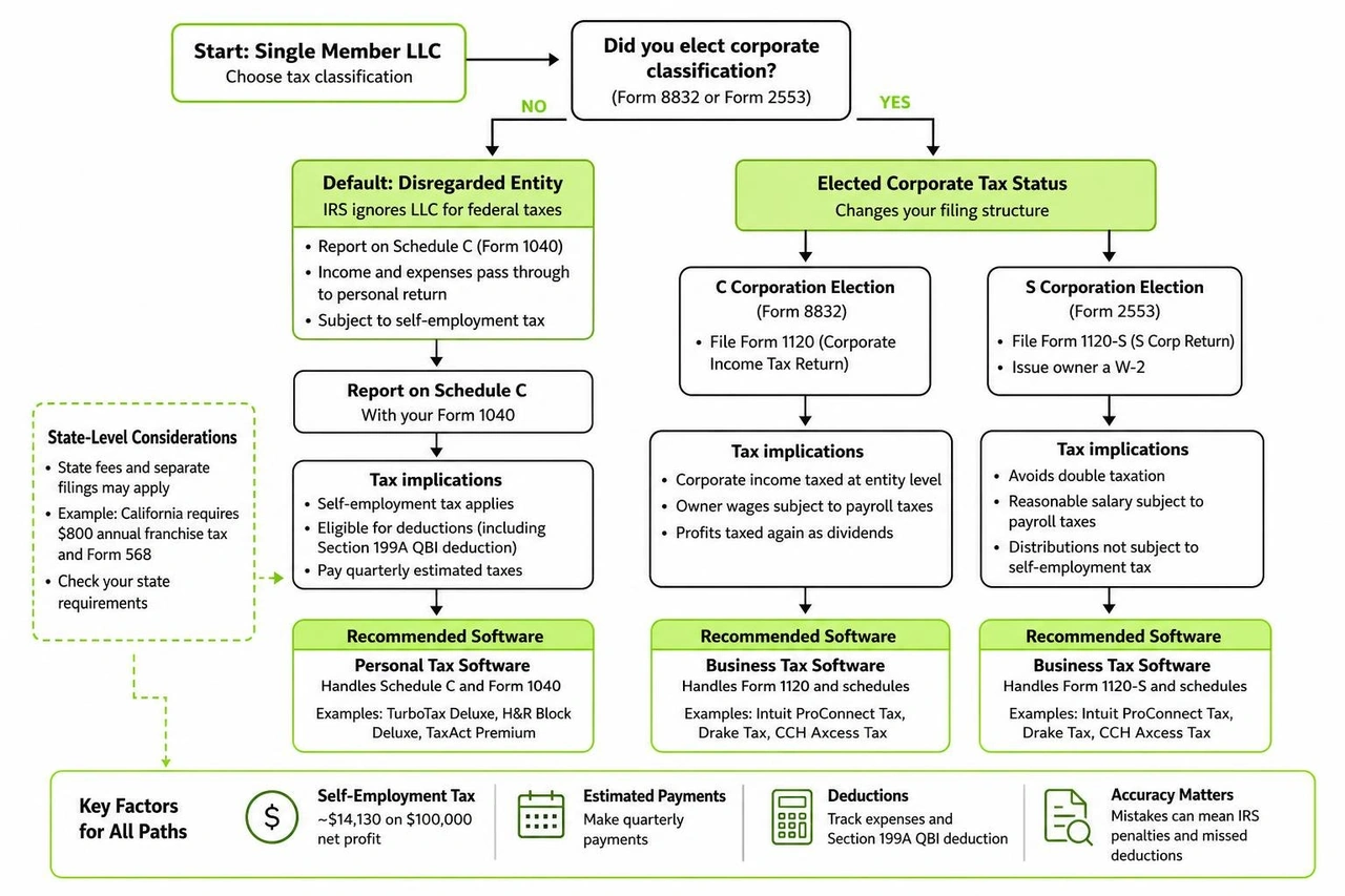 Decision process for single member LLC tax classification and software selection
