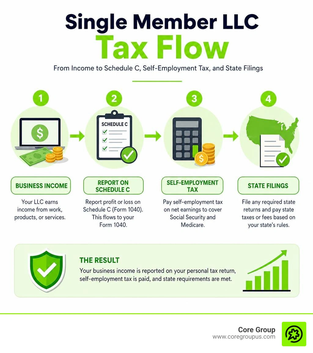 Single member LLC tax flow from income to Schedule C, self-employment tax, and state filings infographic