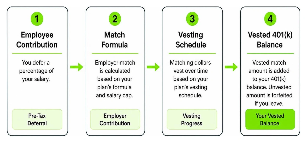 Process diagram showing how employee contribution moves through match formula and vesting schedule to final vested 401k