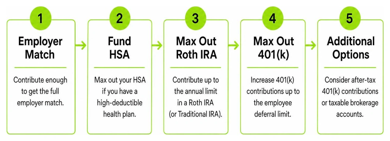 Diagram showing financial priority ladder starting with employer match then HSA Roth IRA and maxing 401k