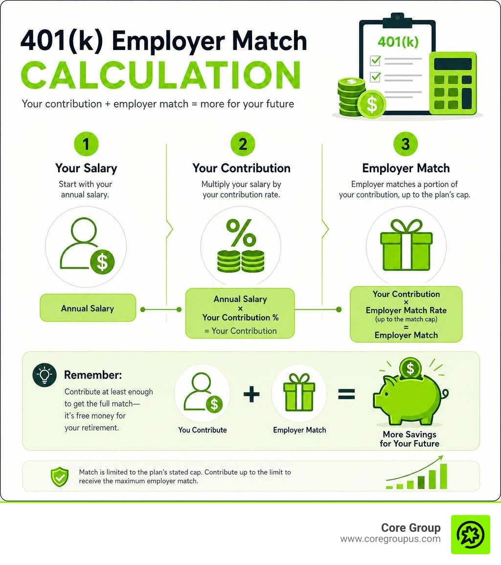 401k employer match calculation using salary contribution rate and employer match cap infographic