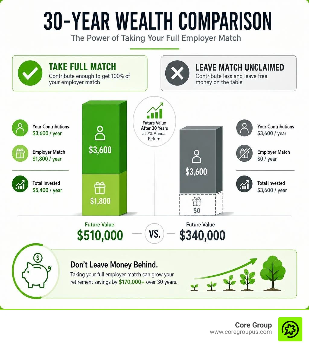 Comparison of 30 year wealth accumulation between taking full match versus leaving match unclaimed infographic