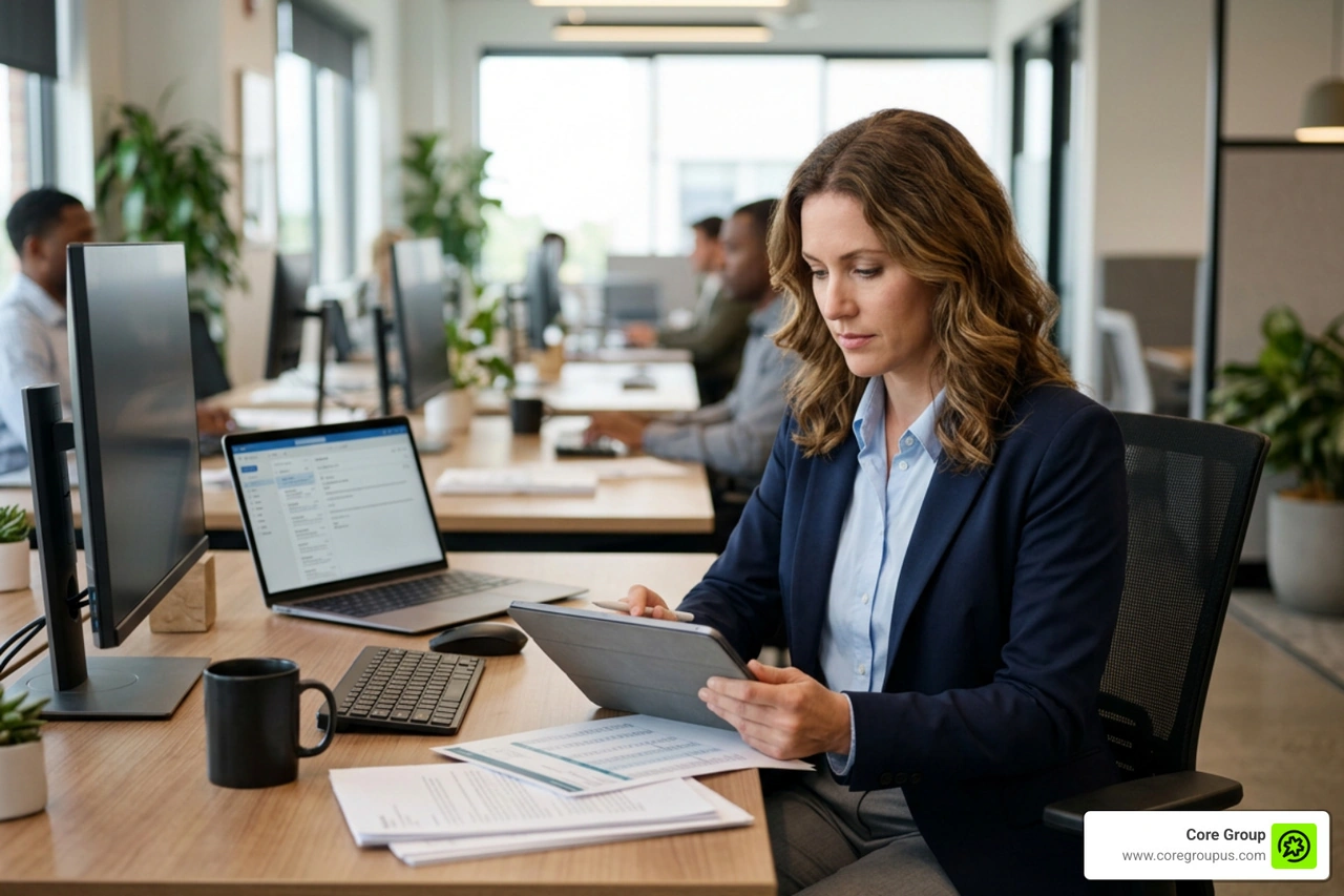 HR professional reviewing employee payroll calculation records HR professional reviewing employee payroll calculation records