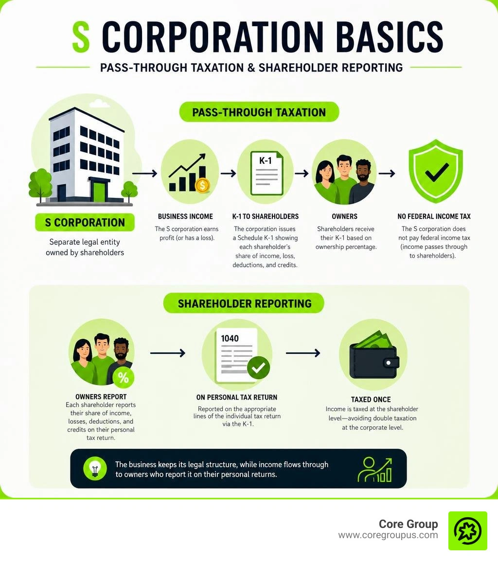 S corporation basics showing pass through taxation and shareholder reporting infographic S corporation basics showing pass through taxation and shareholder reporting infographic