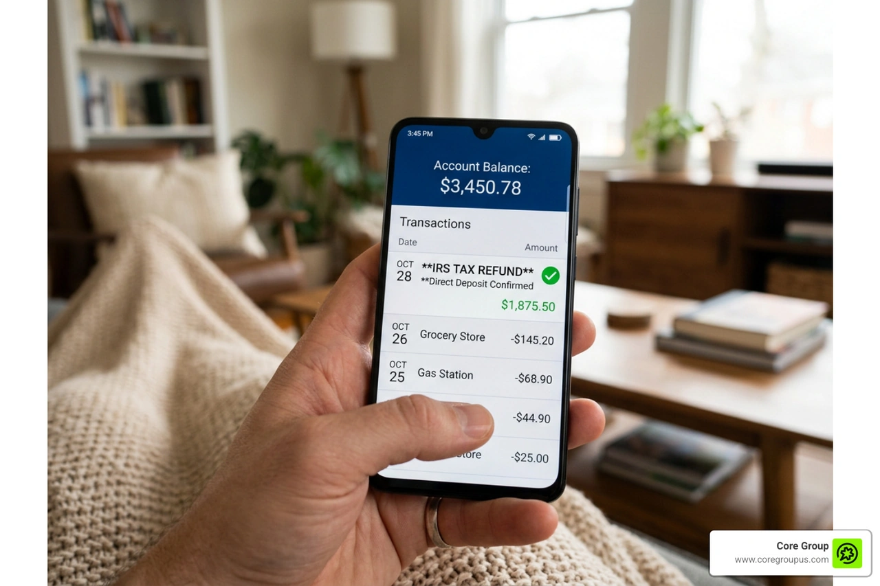 Bank account screen displaying confirmed direct deposit tax refund deposit Bank account screen displaying confirmed direct deposit tax refund deposit