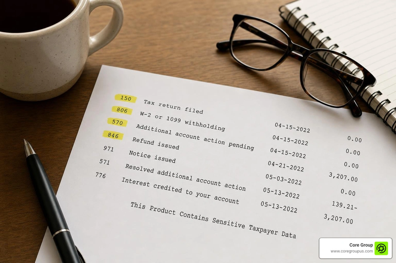IRS account transcript showing line items for code 150 code 806 code 570 and code 846 IRS account transcript showing line items for code 150 code 806 code 570 and code 846