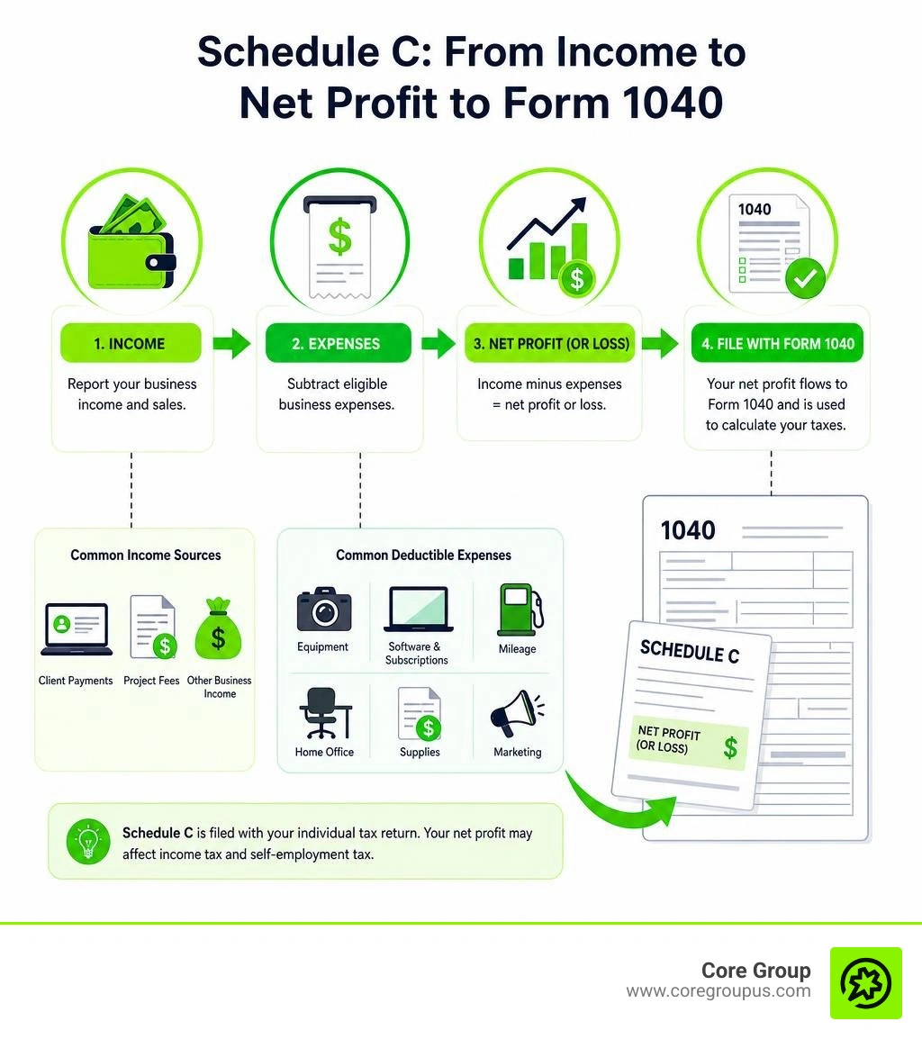 Schedule C income expenses net profit and Form 1040 filing workflow infographic Schedule C income expenses net profit and Form 1040 filing workflow infographic