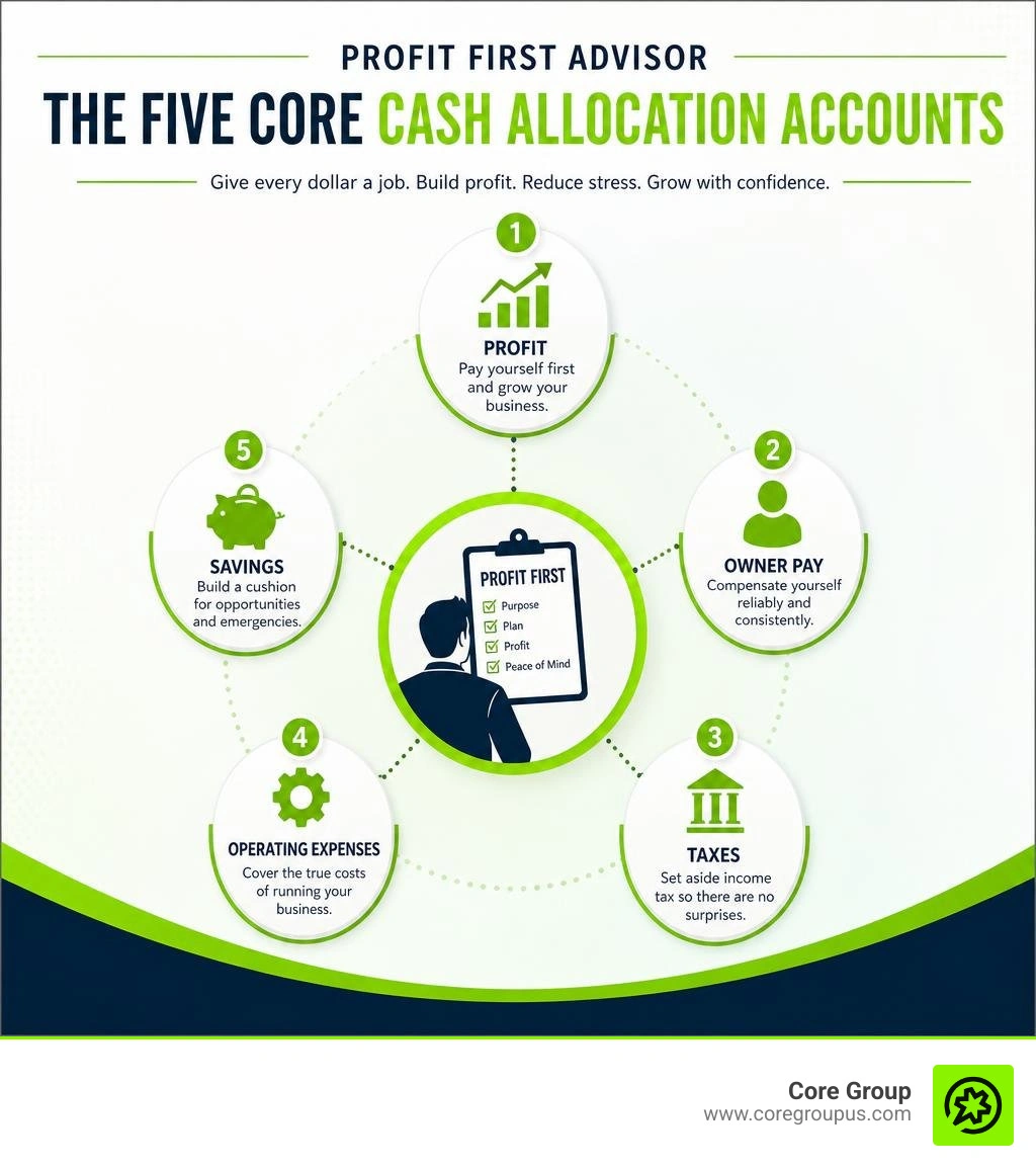 Profit First advisor and the five core cash allocation accounts infographic Profit First advisor and the five core cash allocation accounts infographic