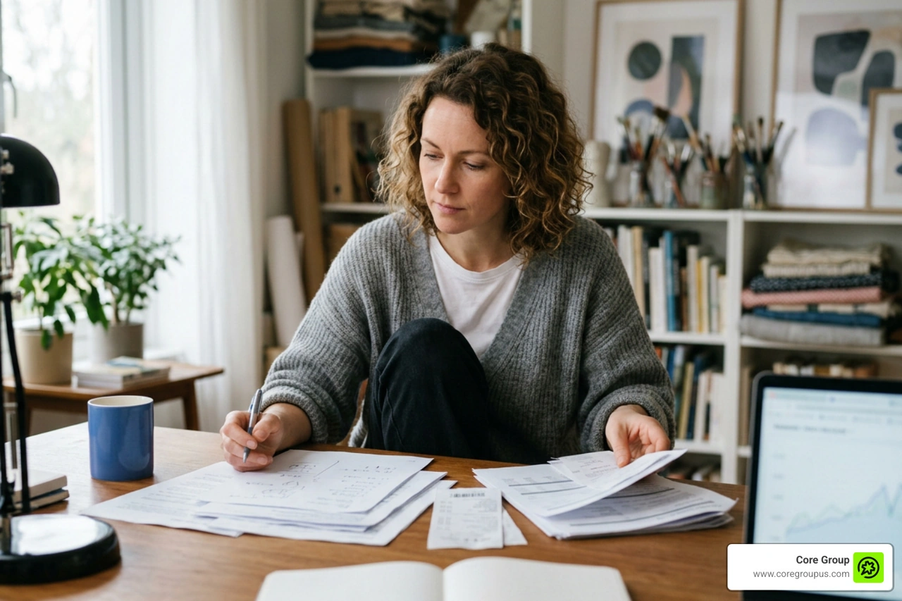 Creative entrepreneur reviewing financial documents in a home studio Creative entrepreneur reviewing financial documents in a home studio