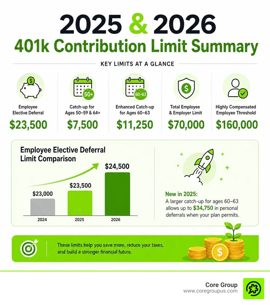 2025 and 2026 401k contribution limit summary infographic 2025 and 2026 401k contribution limit summary infographic