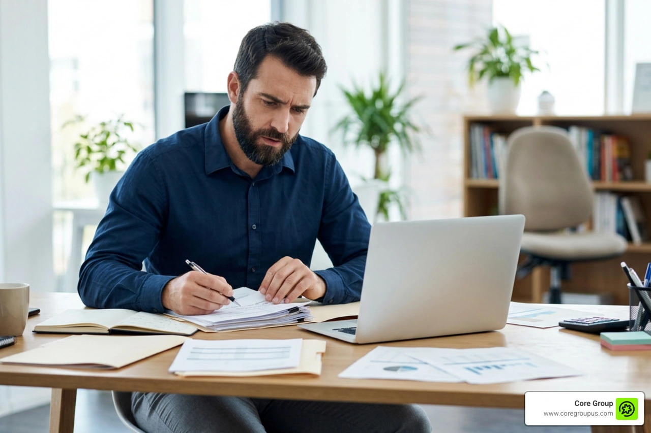 Business owner reviewing compliance documents for potential errors Business owner reviewing compliance documents for potential errors