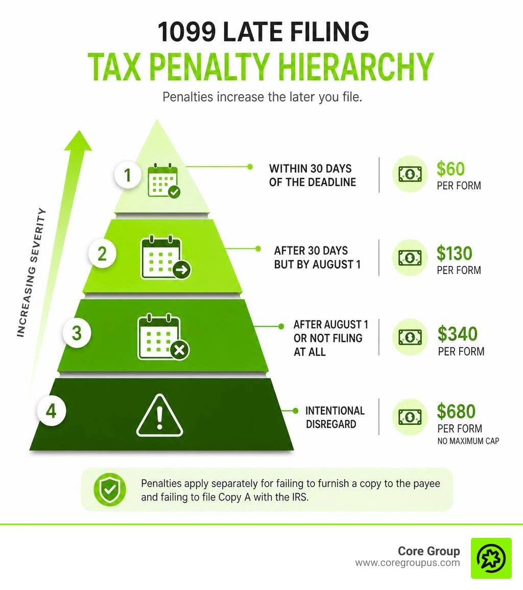 Stat tax penalty hierarchy for late 1099 filings infographic