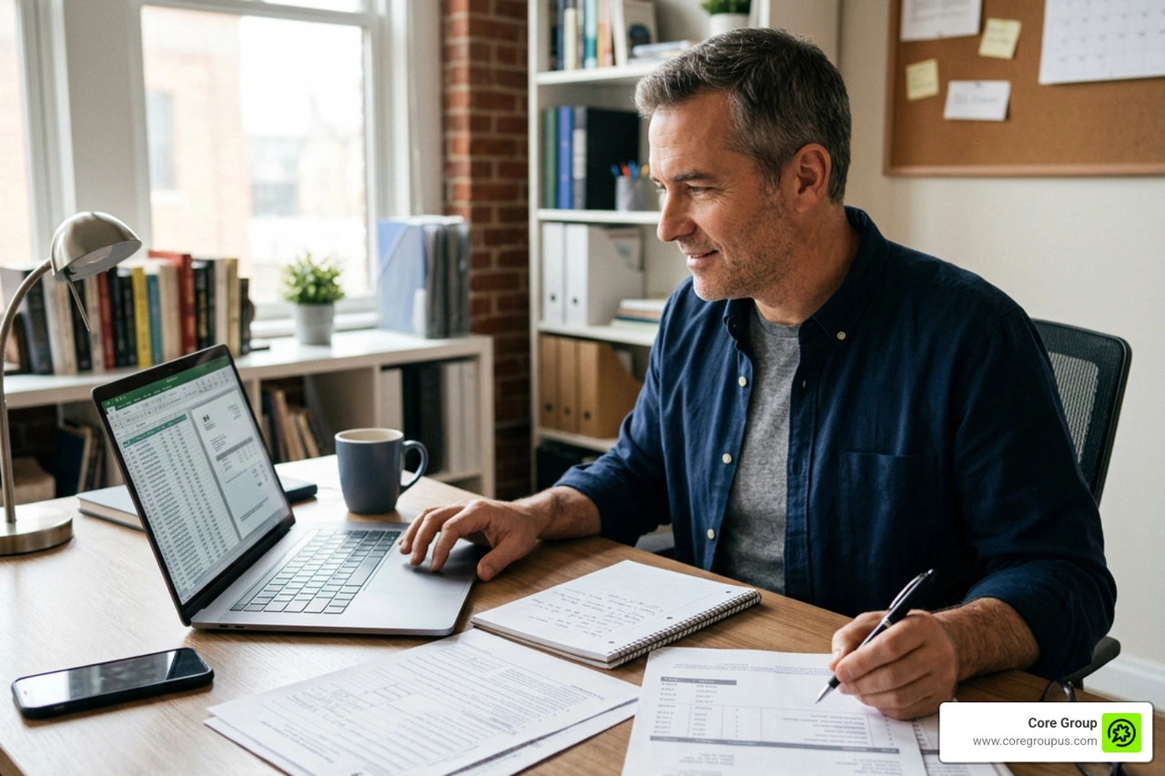 Business owner managing contractor invoices and W-9 forms