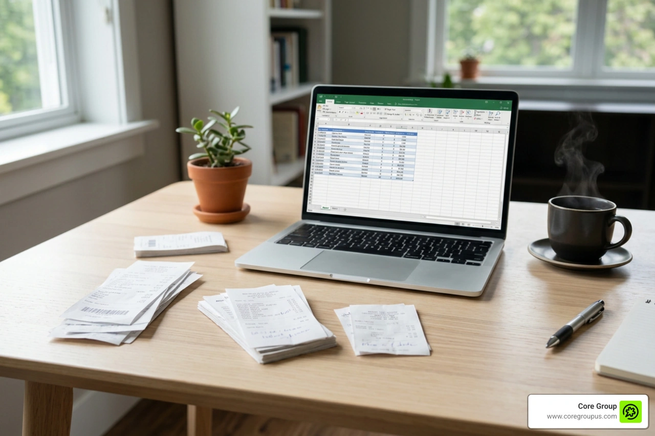 Expense receipts organized alongside modern digital bookkeeping software