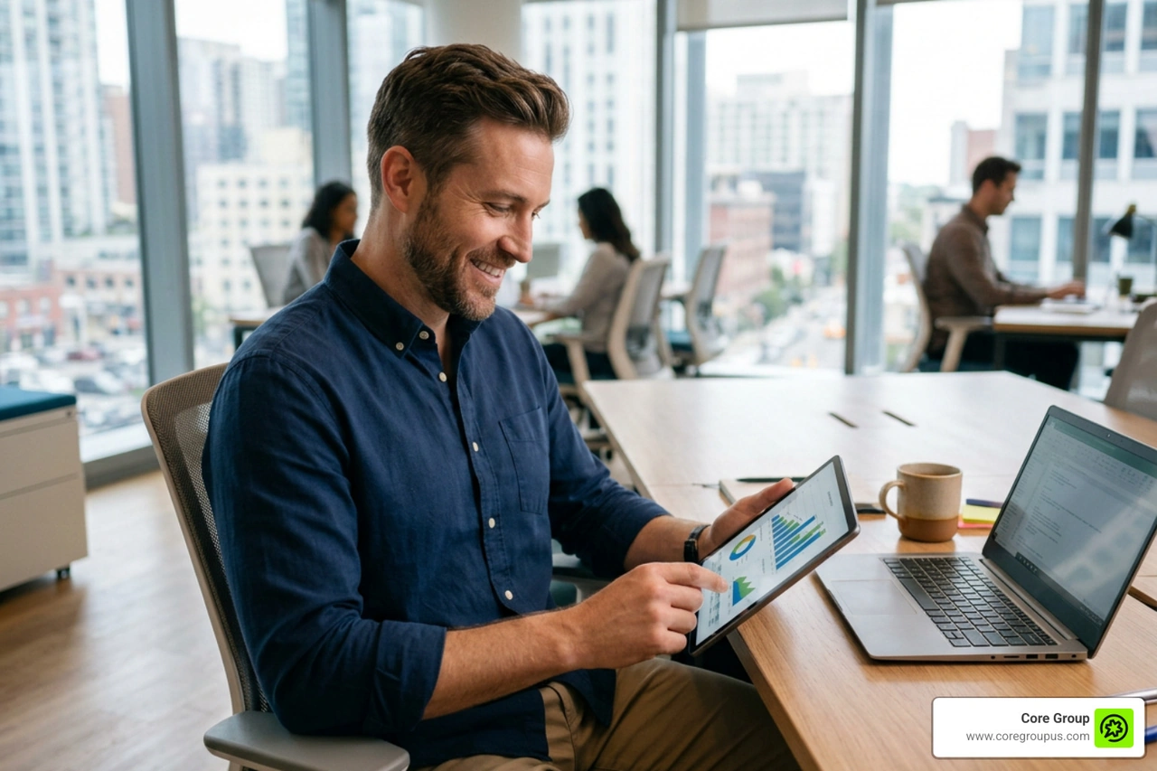 Relaxed entrepreneur reviewing financial performance charts on a tablet