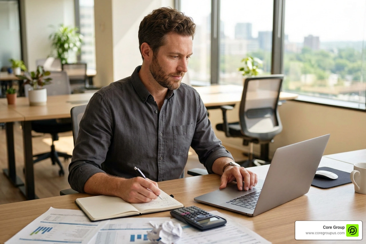 Business owner calculating monthly bookkeeping costs Business owner calculating monthly bookkeeping costs