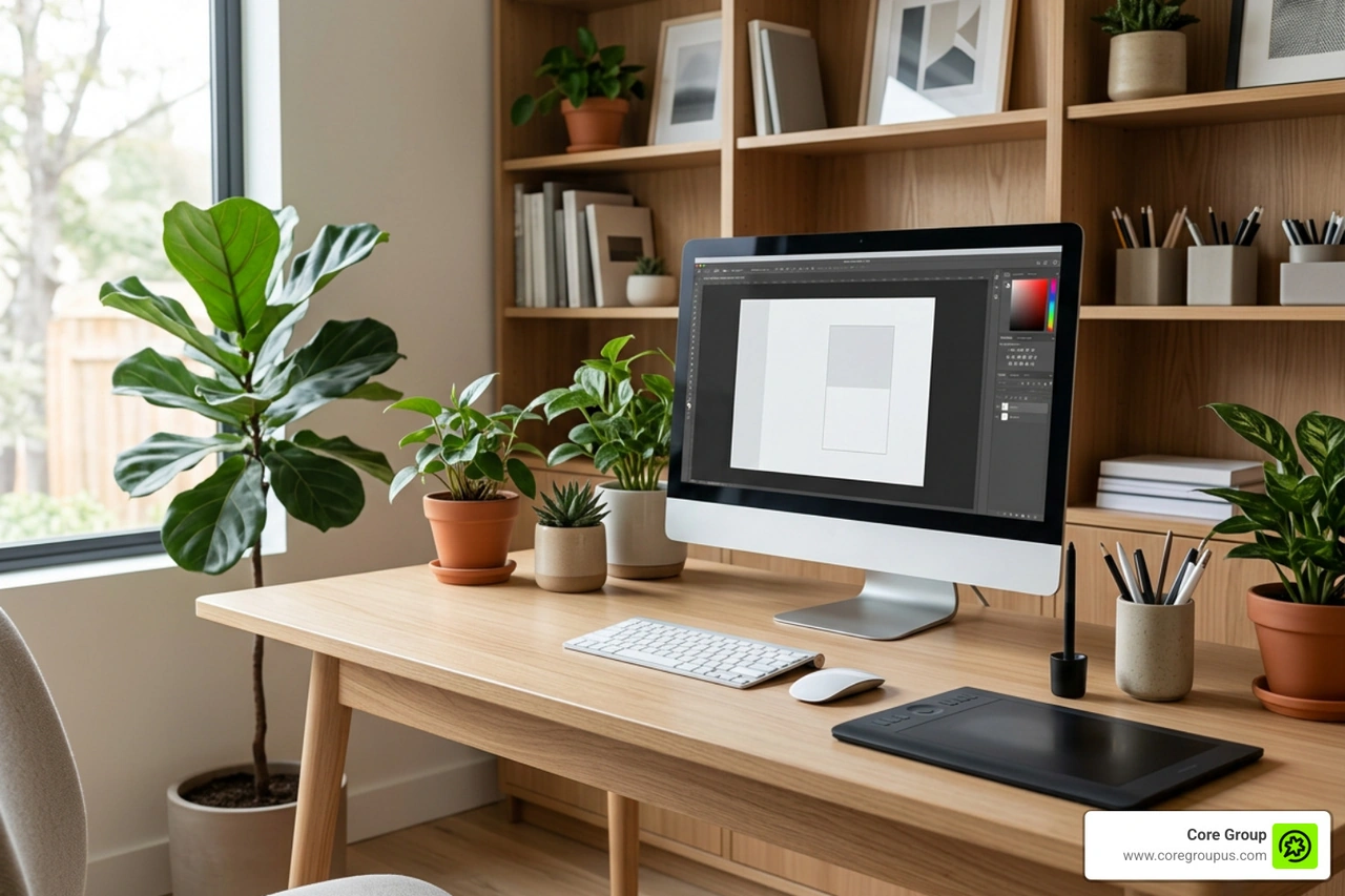 An organized home office setup featuring a large monitor, design tools, and plants An organized home office setup featuring a large monitor, design tools, and plants