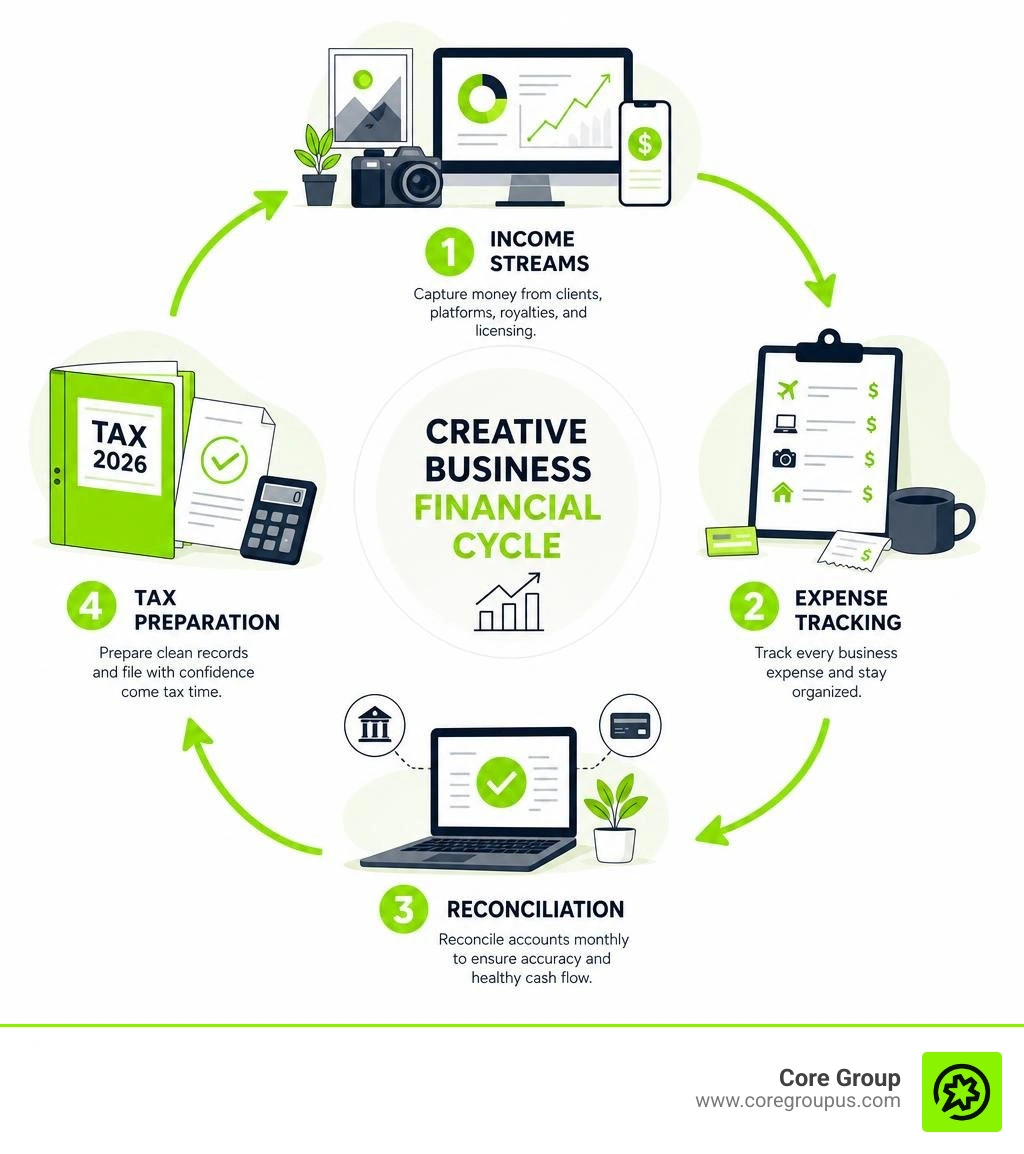 Creative business financial cycle showing income streams, expense tracking, reconciliation, and tax preparation infographic Creative business financial cycle showing income streams, expense tracking, reconciliation, and tax preparation infographic