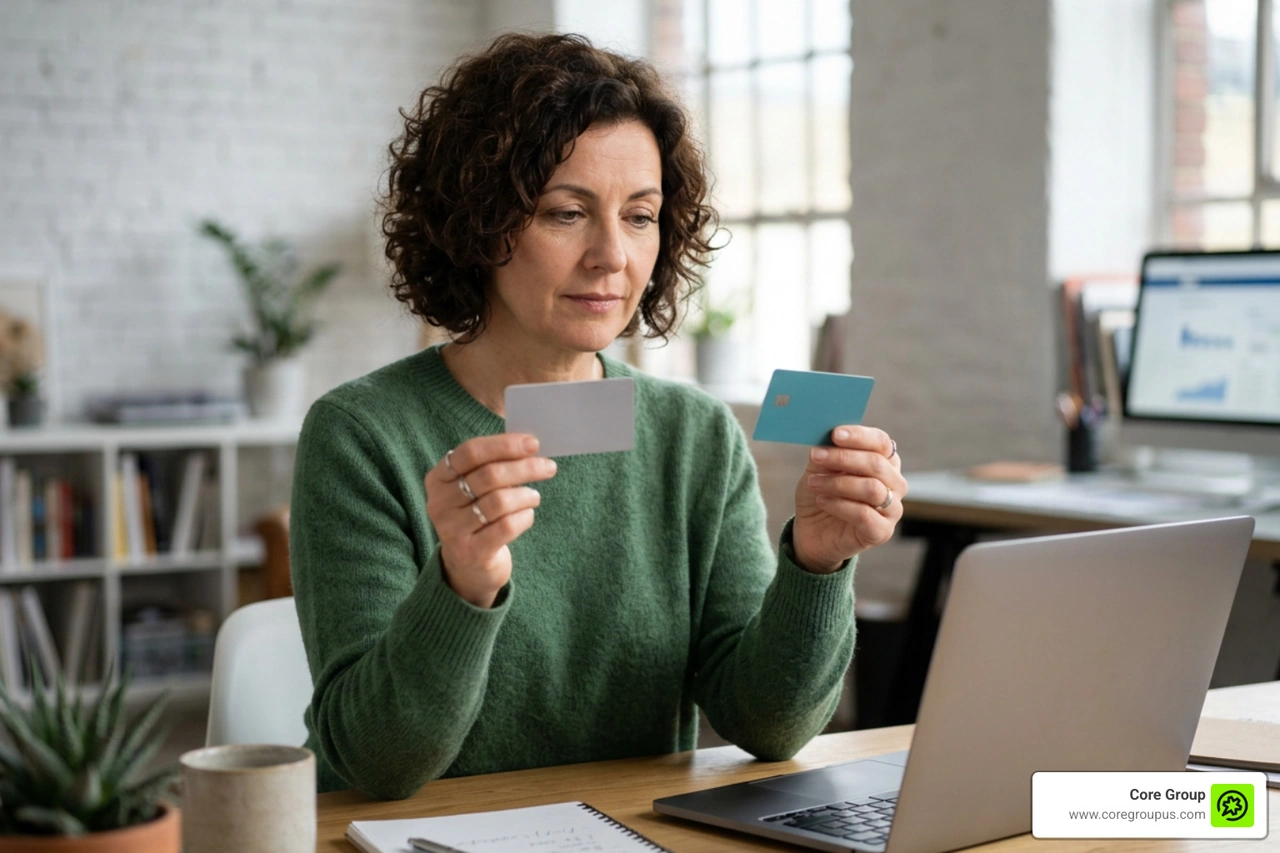 A creative entrepreneur holding separate business and personal bank cards next to a laptop A creative entrepreneur holding separate business and personal bank cards next to a laptop