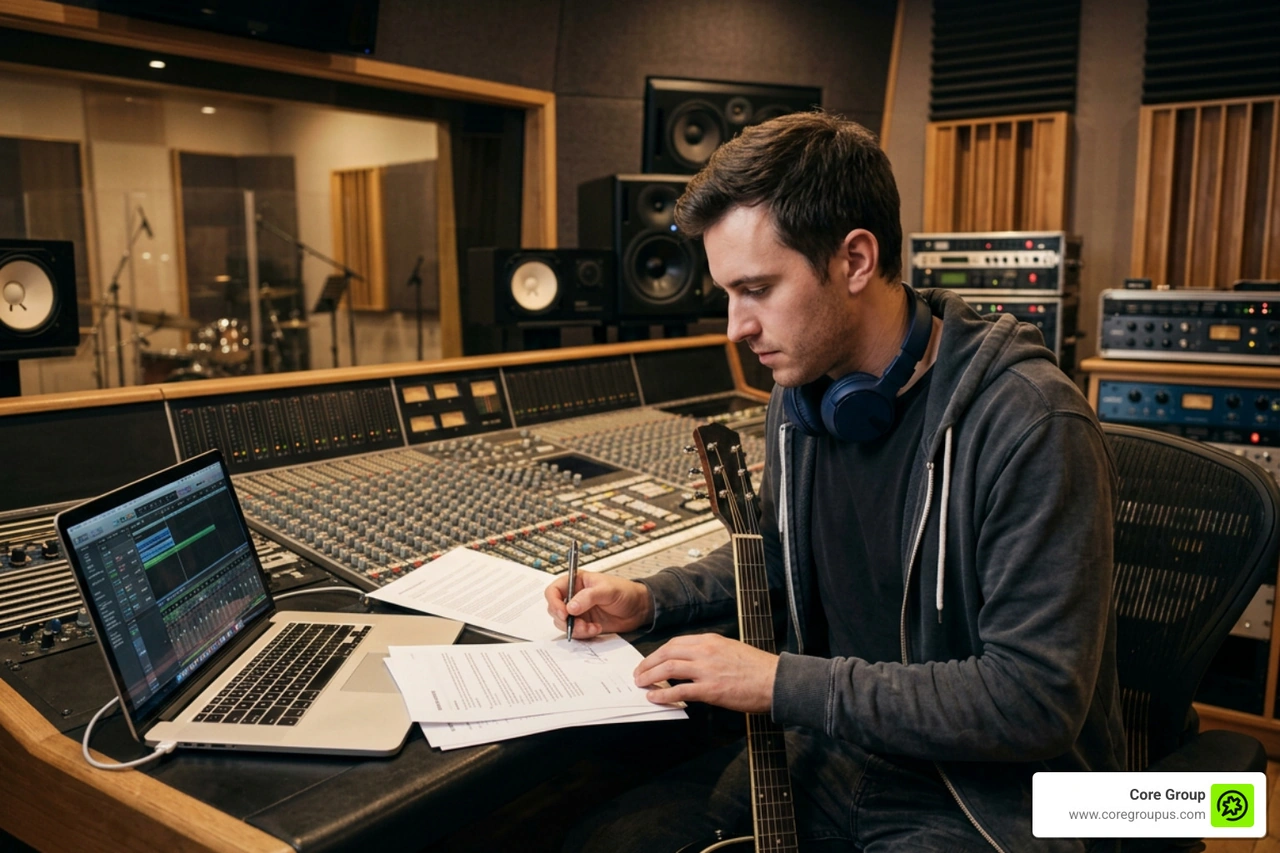 A musician reviewing a licensing contract in a recording studio A musician reviewing a licensing contract in a recording studio