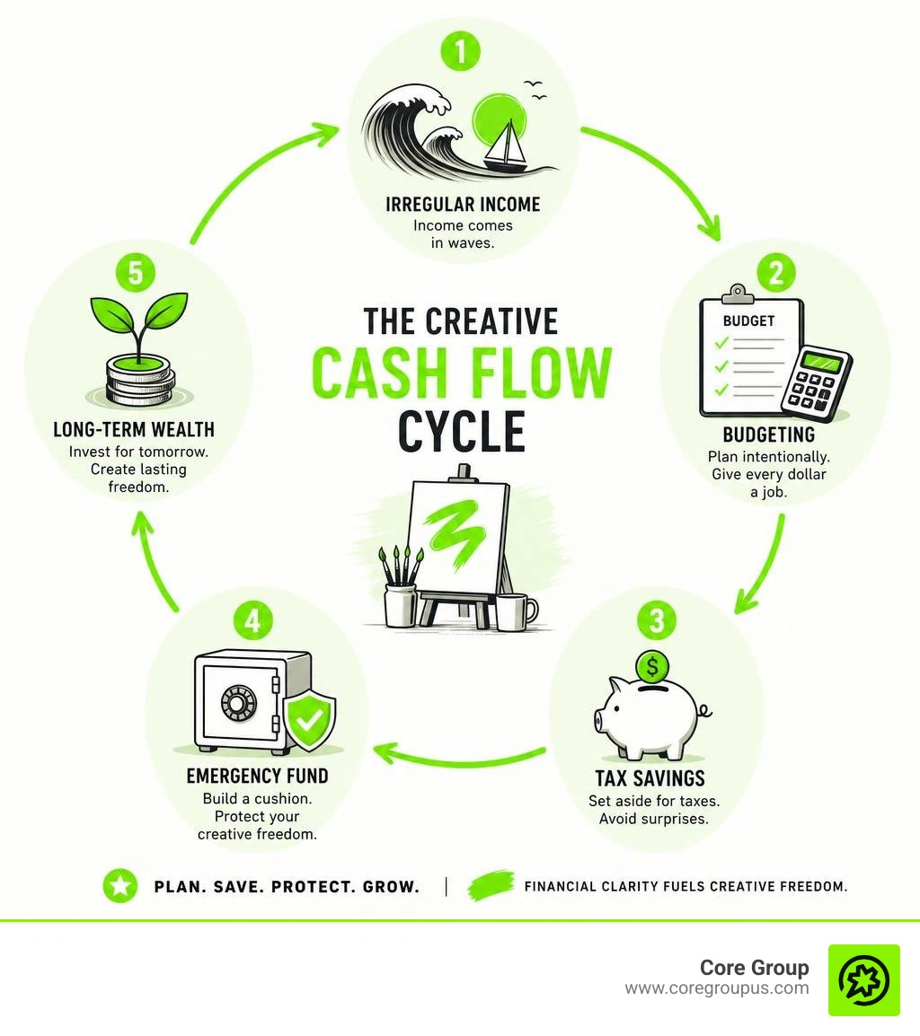 Infographic showing the creative cash flow cycle from irregular income to budgeting, tax savings, emergency fund, and Infographic showing the creative cash flow cycle from irregular income to budgeting, tax savings, emergency fund, and