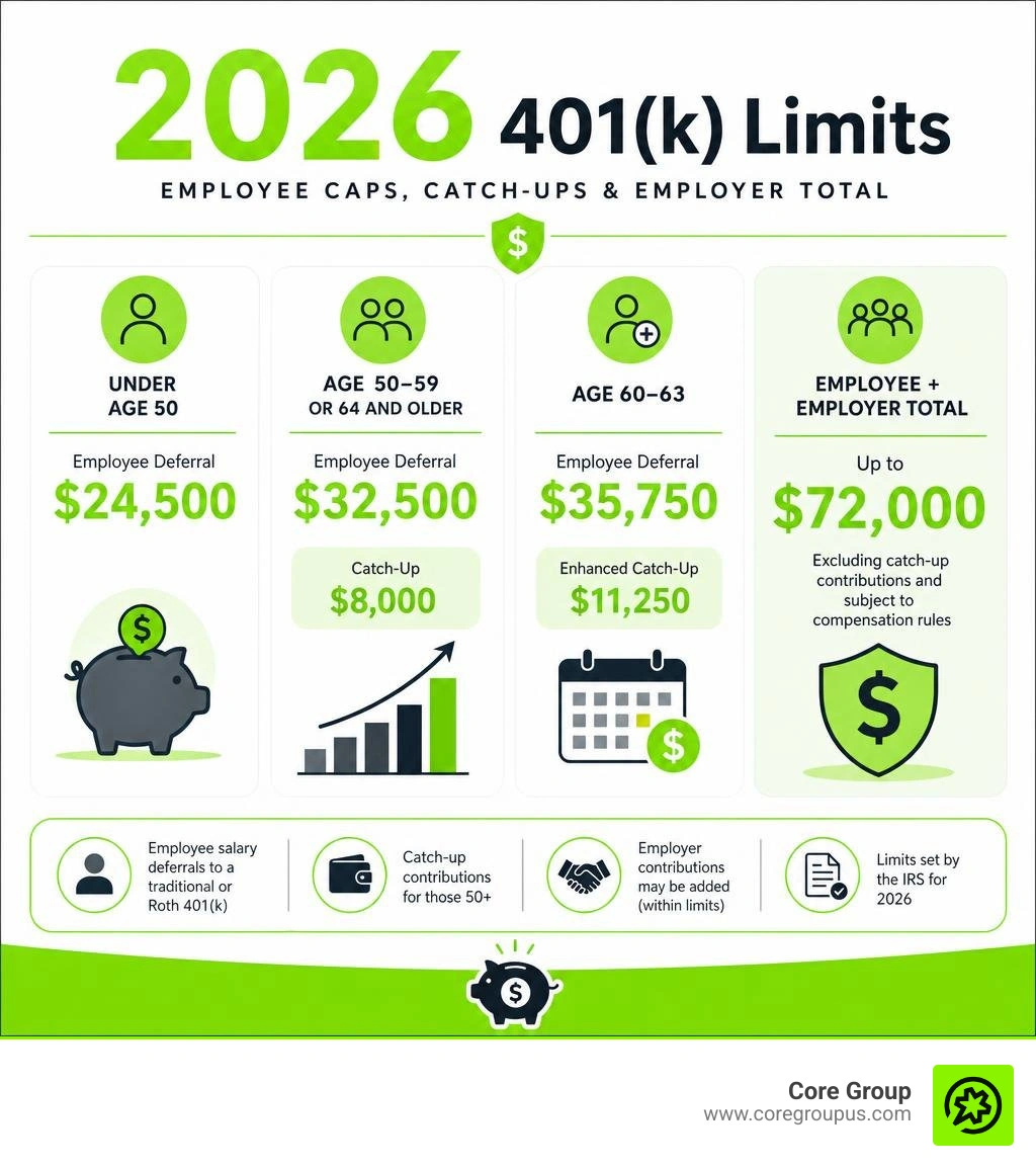 2026 401k limits showing employee caps catch ups and employer total infographic 2026 401k limits showing employee caps catch ups and employer total infographic
