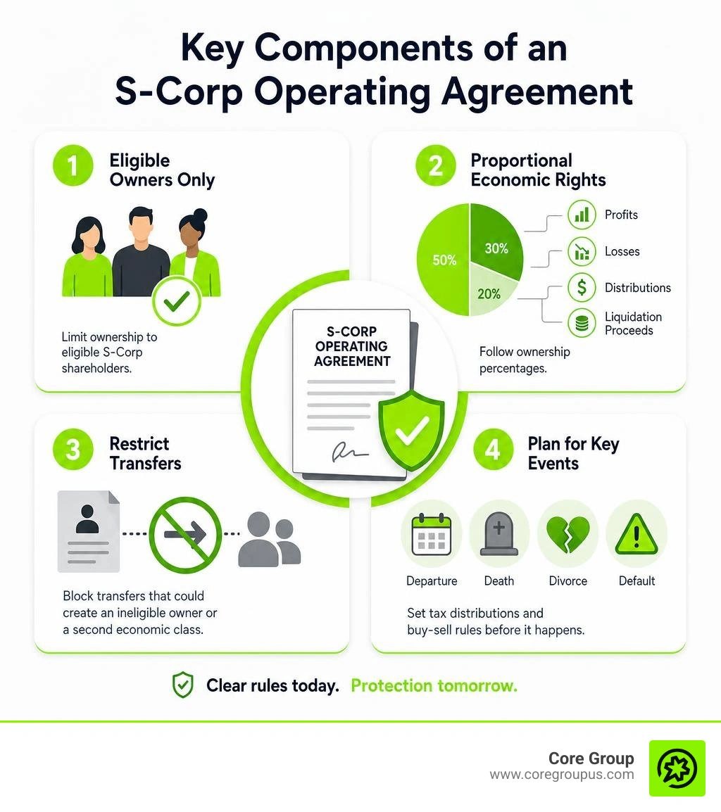 Key components of an S-Corp operating agreement infographic