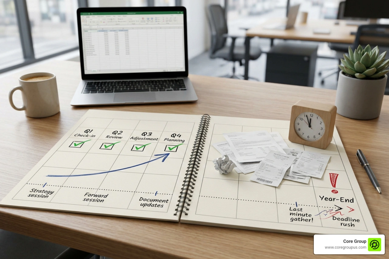 calendar timeline showing proactive year-round tax planning versus reactive tax preparation calendar timeline showing proactive year-round tax planning versus reactive tax preparation