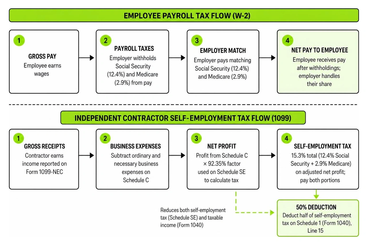 Diagram comparing employee payroll taxes to independent contractor self employment tax flow