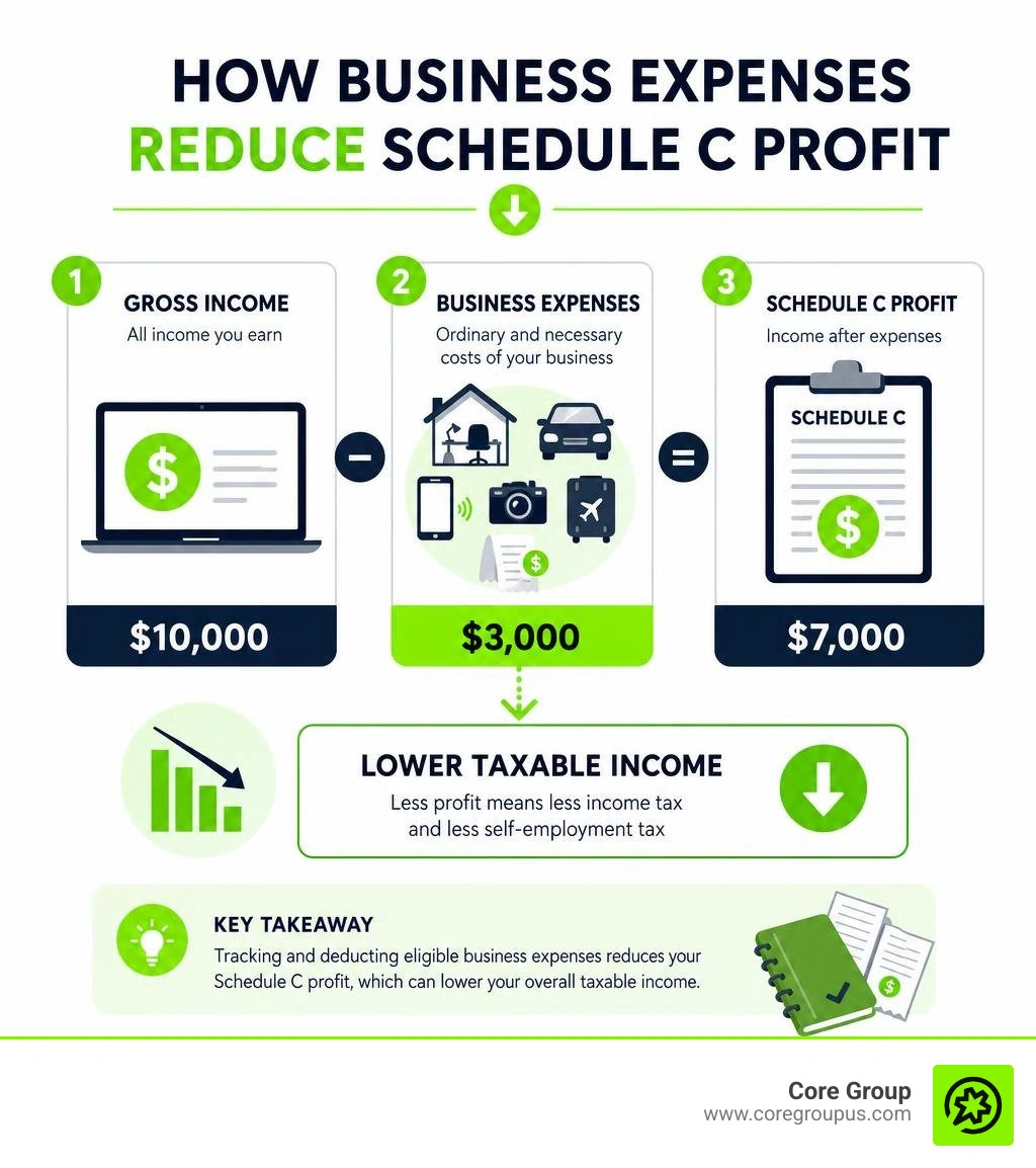 Infographic showing how business expenses reduce Schedule C profit and taxable income infographic