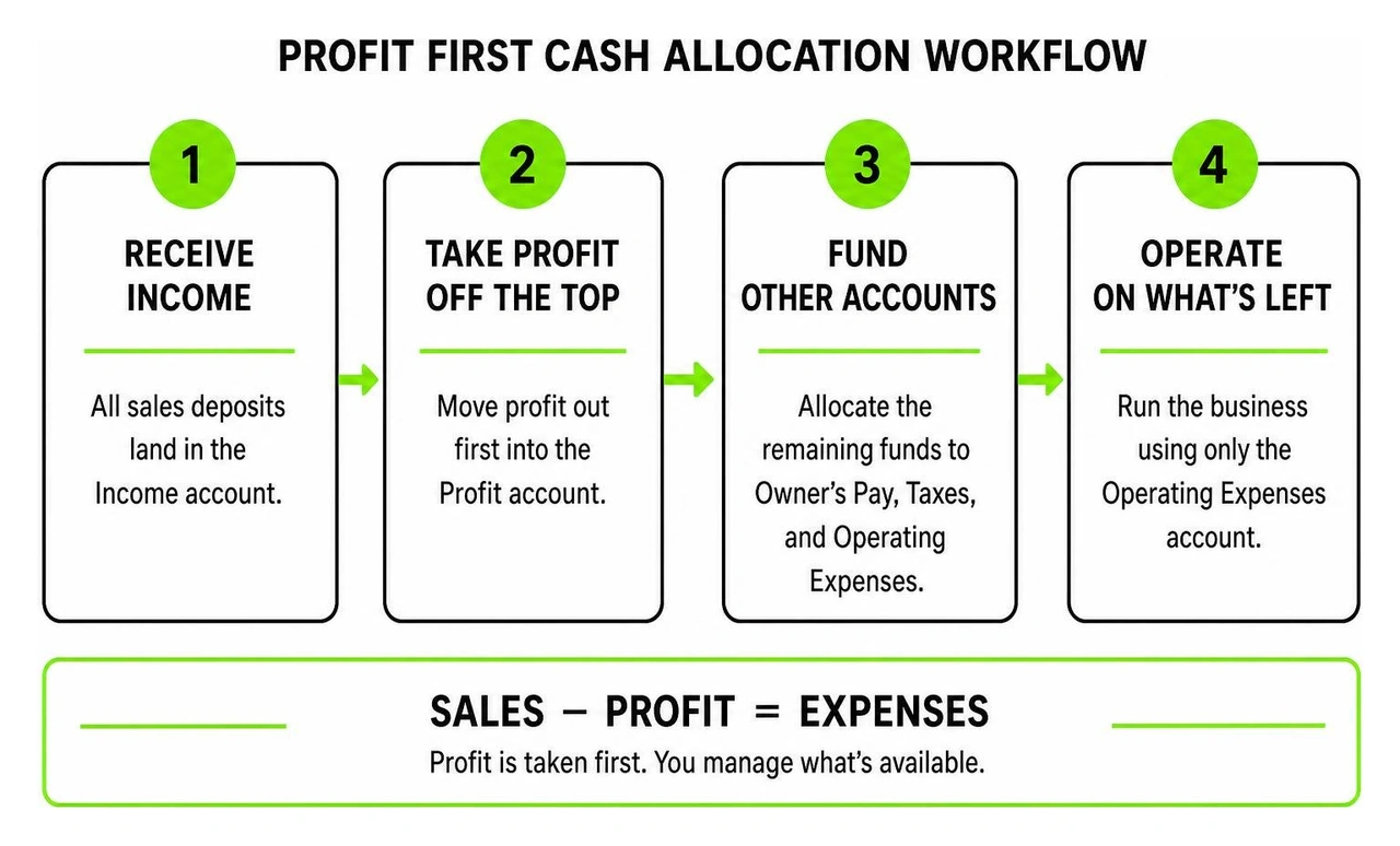 Visual representation of the Profit First cash allocation workflow