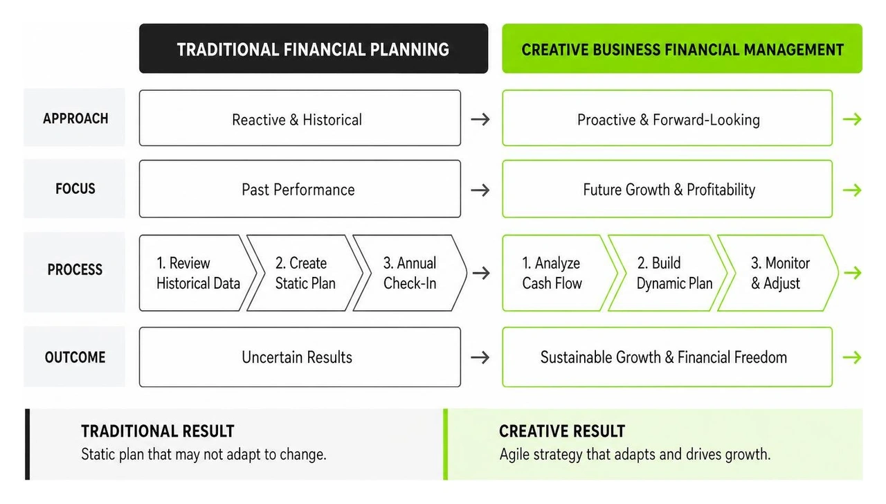 Process framework comparing traditional financial planning with creative business financial management