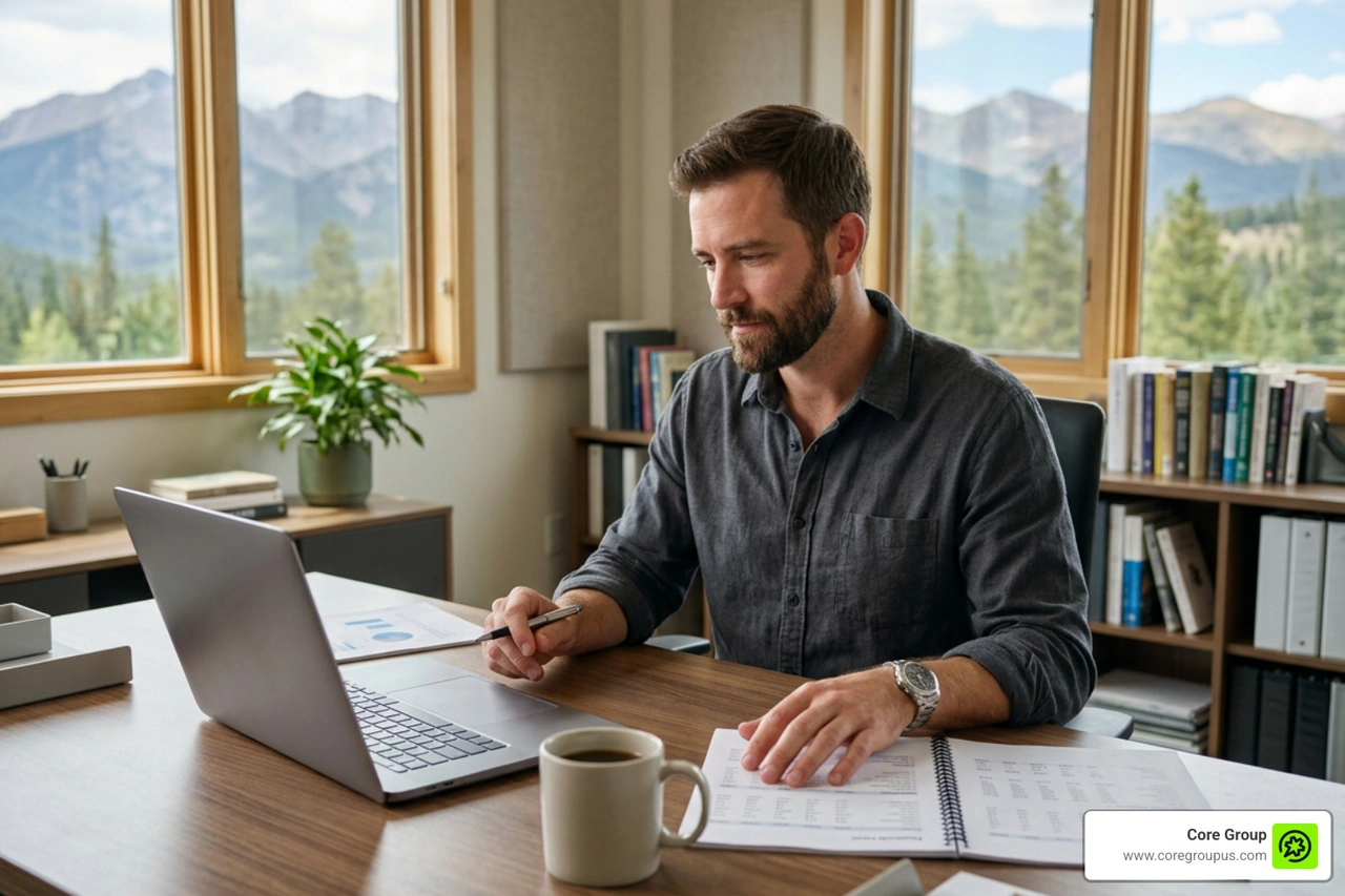A creative professional reviewing business financial documents and planning tax strategies
