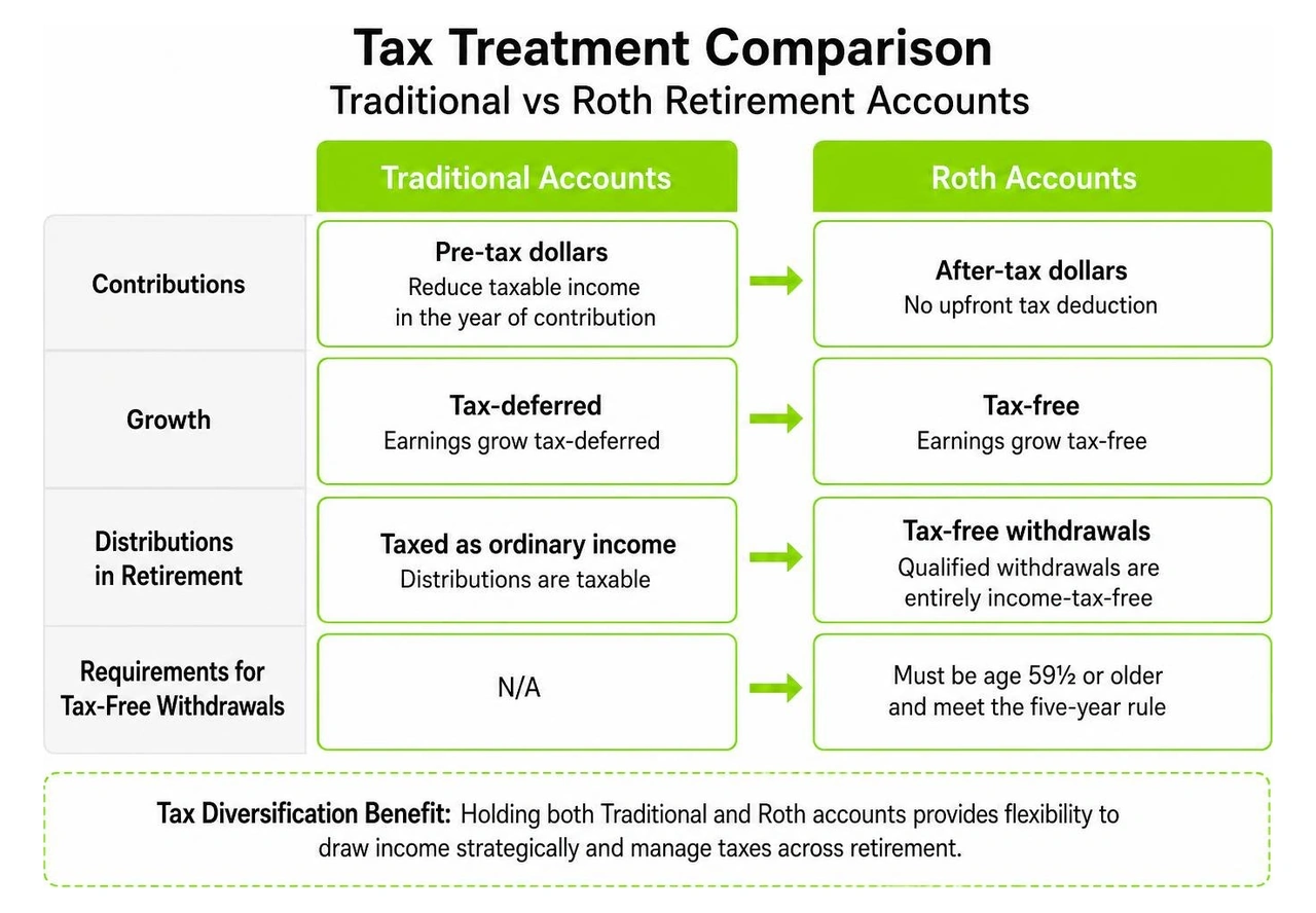 Tax treatment comparison of traditional and Roth retirement accounts Tax treatment comparison of traditional and Roth retirement accounts