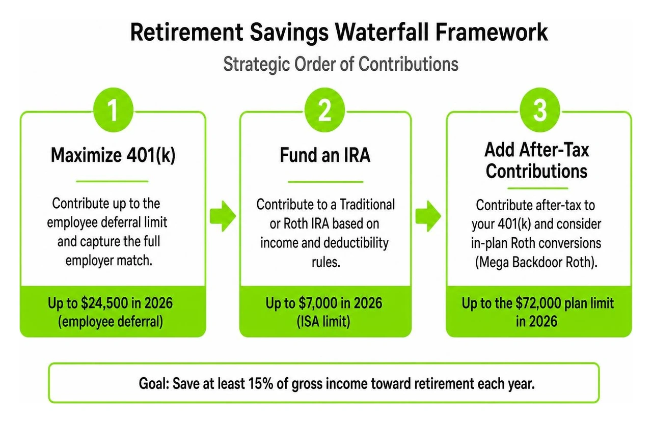 Retirement savings waterfall framework showing strategic order of contributions Retirement savings waterfall framework showing strategic order of contributions