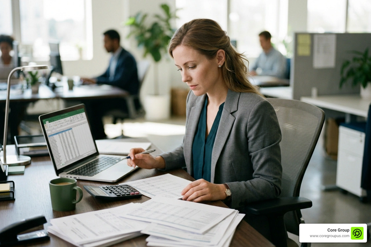 accountant verifying quarterly payroll tax records