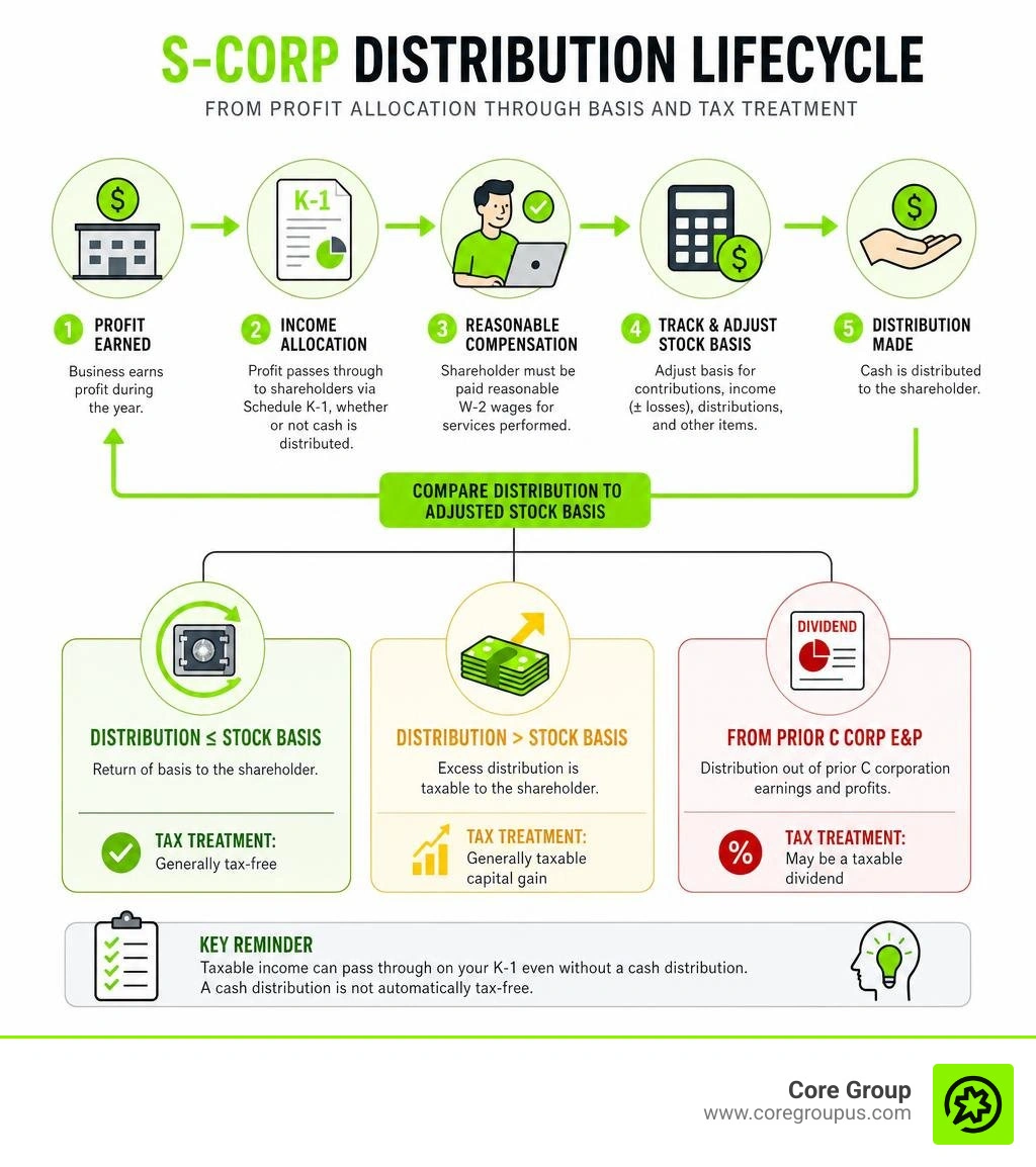 S-corp distribution lifecycle from profit allocation through basis and tax treatment infographic S-corp distribution lifecycle from profit allocation through basis and tax treatment infographic
