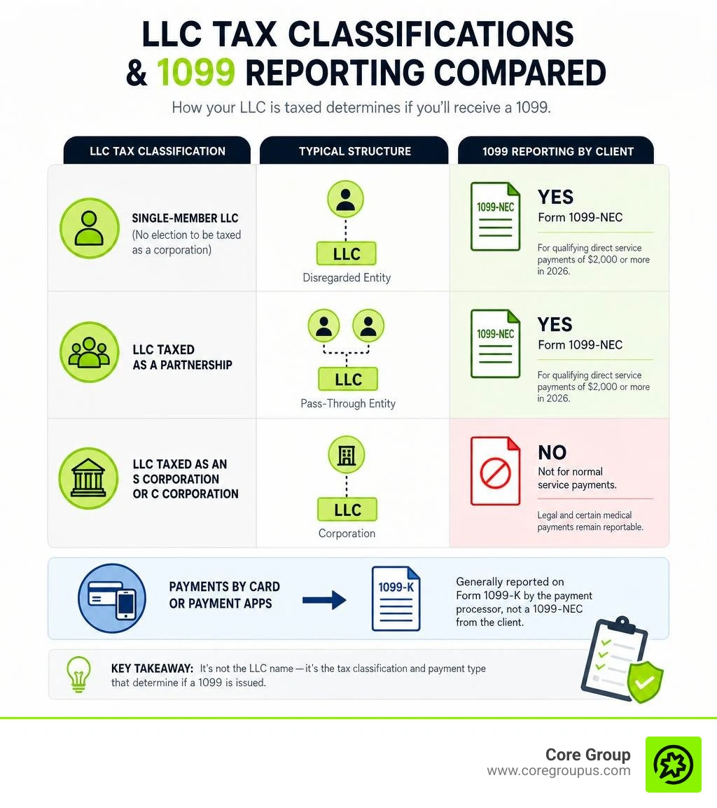 Infographic comparing LLC tax classifications and 1099 reporting infographic Infographic comparing LLC tax classifications and 1099 reporting infographic