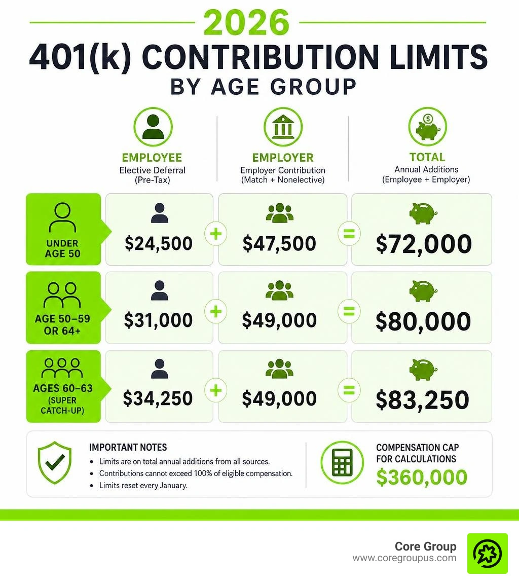 2026 401k contribution limits by age group showing employee, employer, and total caps infographic 2026 401k contribution limits by age group showing employee, employer, and total caps infographic