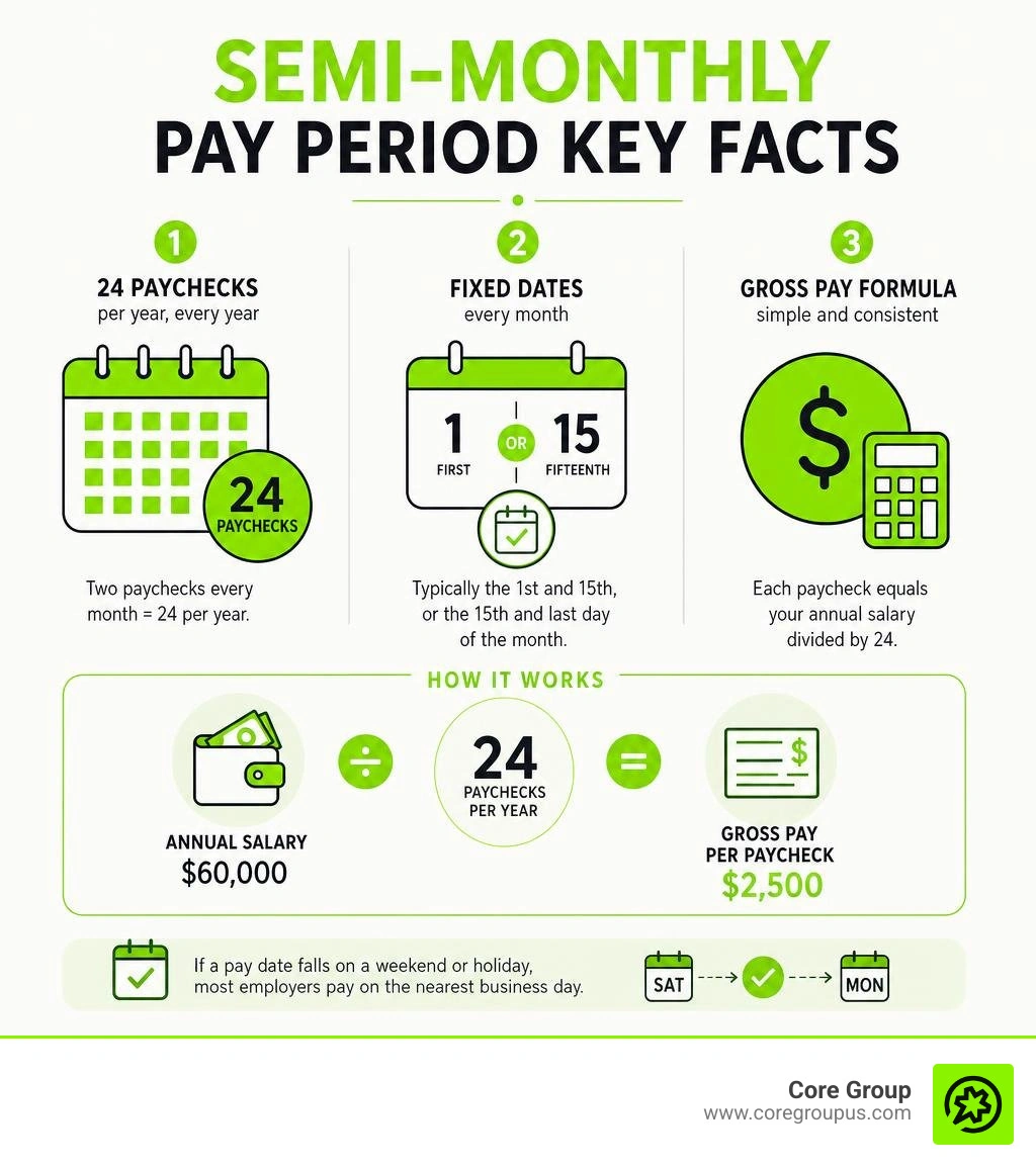 Semi-monthly pay period key facts including 24 paychecks, fixed dates, and gross pay formula infographic