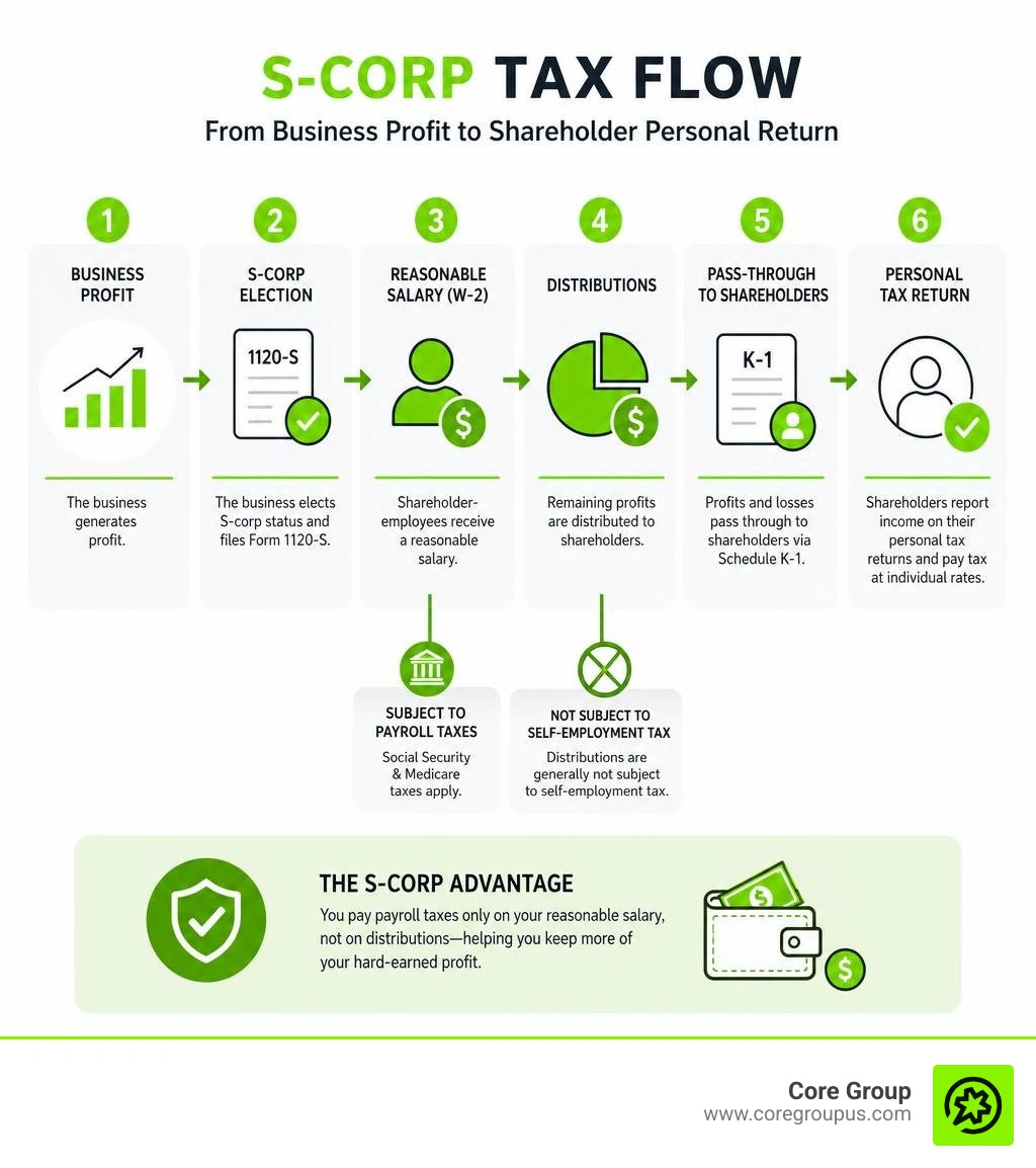 Infographic showing S-corp tax flow from business profit to shareholder personal return infographic