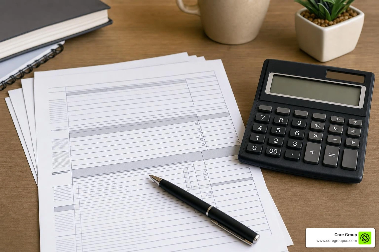 tax documents and calculator