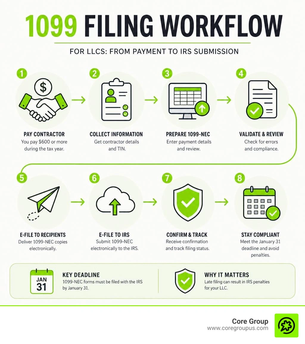 1099 filing workflow for LLCs showing steps from contractor payment to IRS submission infographic